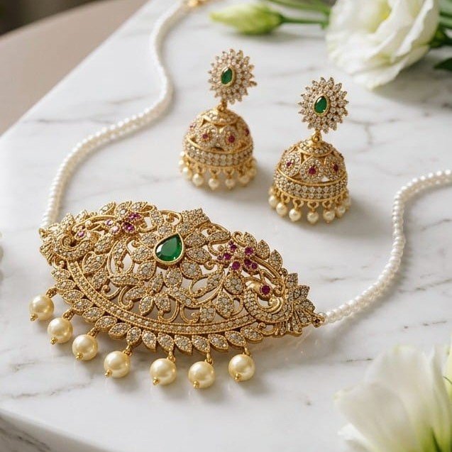 Royal Gold Pearl Choker Necklace Set - Traditional Indian Pakistani Bridal Jewelry with Emerald, Ruby & Jhumka Earrings(Replica)
